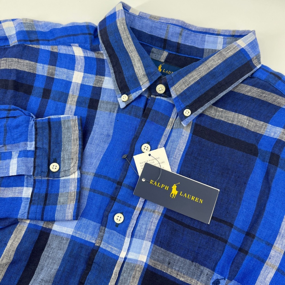 Ralph Lauren Mens 1XB Linen Button Down Shirt Plaid Checkered Blue
